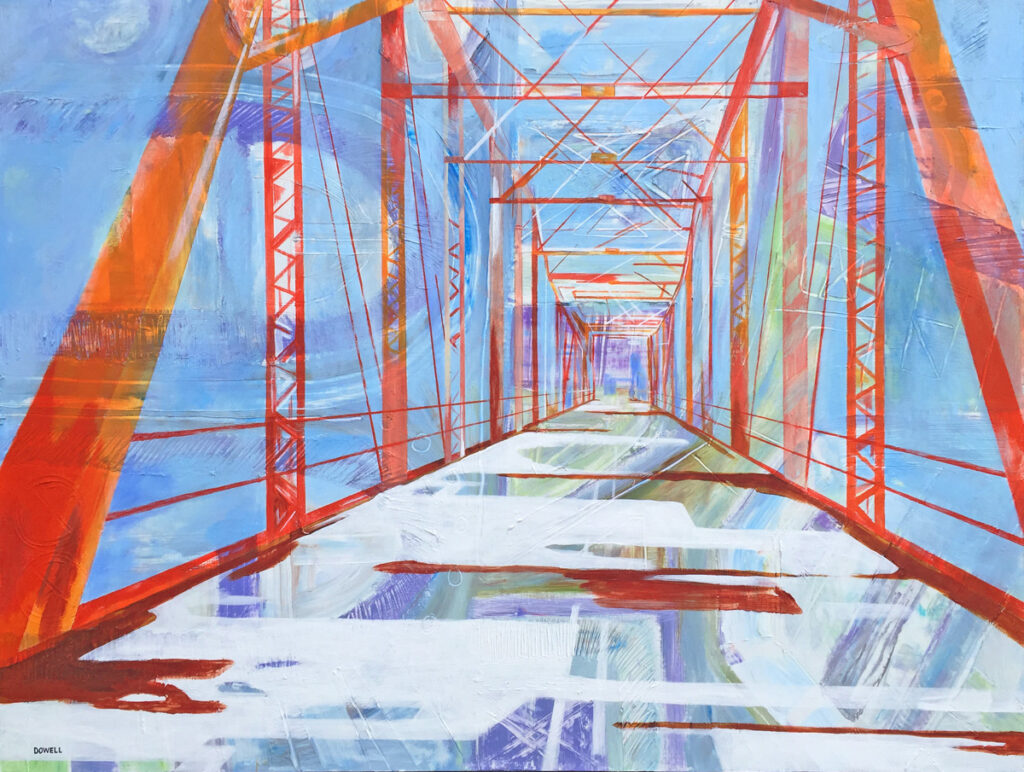 30" x 40" Abstract acrylic painting of Rozelle’s Ferry Bridge in Charlotte with flame-red lines in linear perspective on cool blue and violet background.
