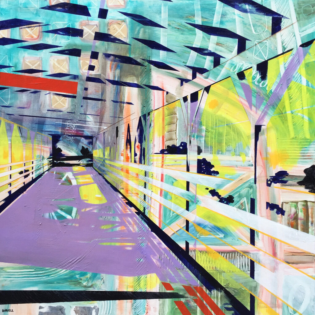 48″ x 48″ acrylic on canvas study of covered bridge. Linear perspective from middle or end of bridge looking out & towards opposite end. Background of organic shapes in calm, cool colors with accents of bright orange and yellow.