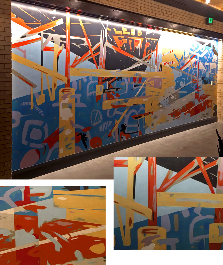 9' x 22' abstract, asymmetrical mural in 3 quadrants with linear design resembling deconstructed bridge trellis in upper left quadrant. Bold fire colors, cool blues, grays and black. In the elevator lobby of The Refinery, a luxury office building in Charlotte.