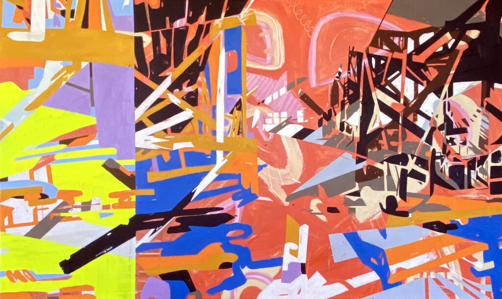 Low Country, an abstract architectural painting of a pier by Sharon Dowell Art, honored with an ArtPop Street Gallery billboard feature