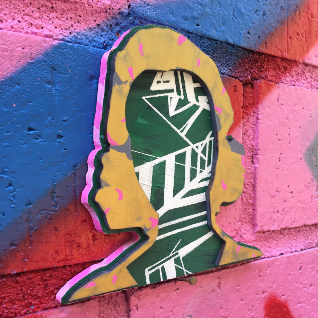 Vibrant silhouette and architecture acrylic painting on panel by Sharon Dowell